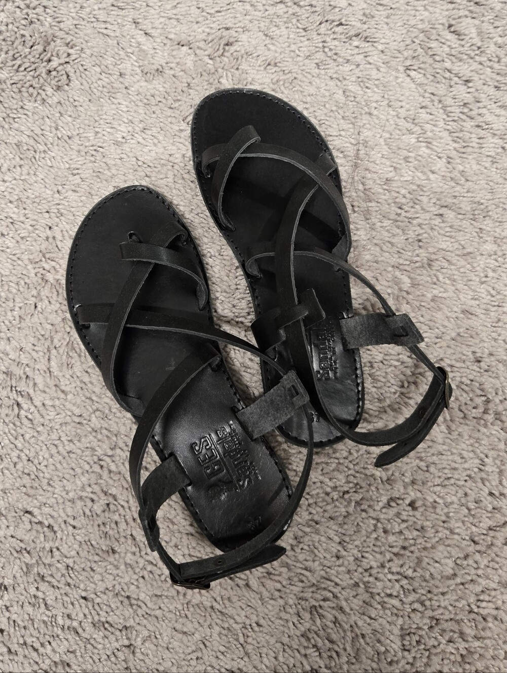 Greek Leather Black Strappy Flat Sandals 7